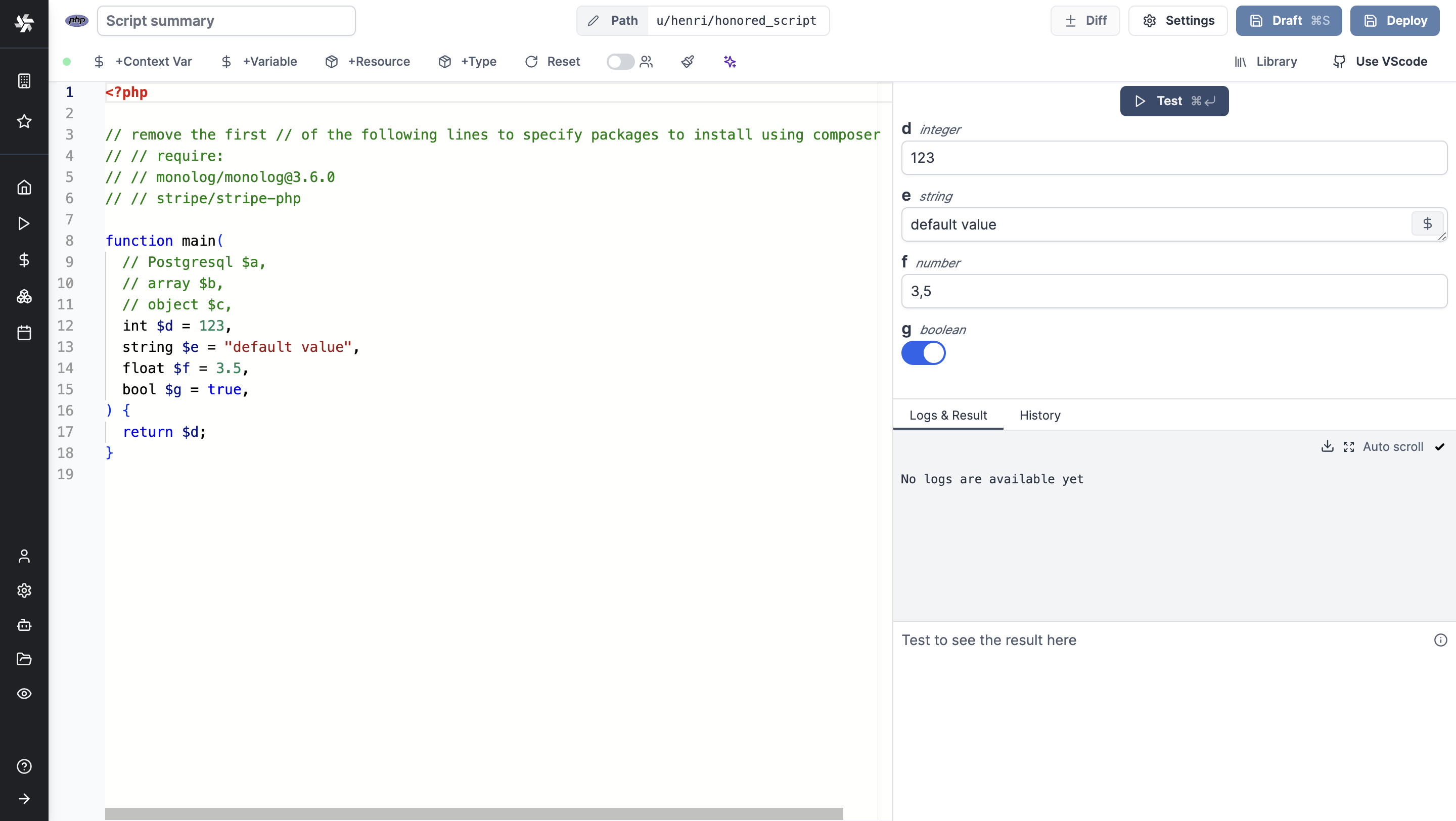 Script in php Editor for php